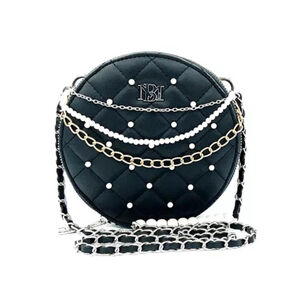BADGLEY MISCHKA Crossbody Handbag Small Round Black Pearls Rocker Goth Chic NEW